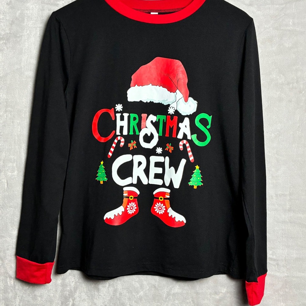 Christmas Crew Top Womens Medium Black Red Long Sleeve Holiday Shirt -0213